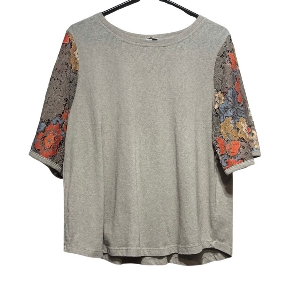 Umgee USA Tan Floral Lace Sleeve Top Large Boho Boutique Mixed Media 3/4 Sleeve